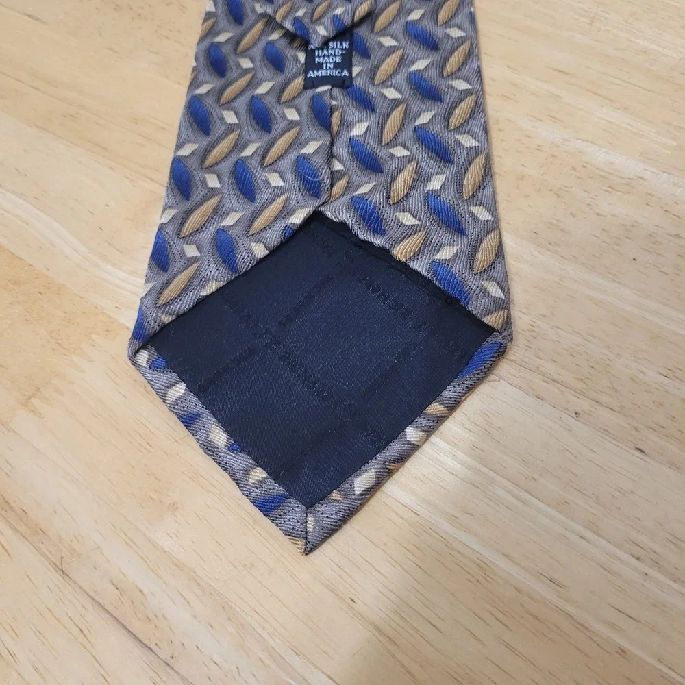 J.Z. Richards Men Silk Necktie Blue Gold Grey Geometric Diamond Pattern USA Made